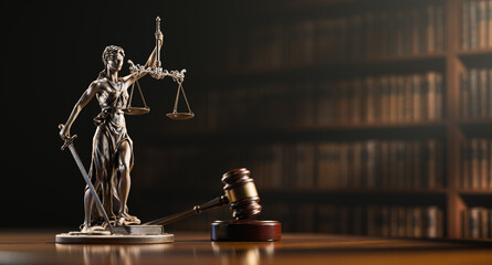 Legal Concept: Themis is the goddess of justice and the judge's gavel hammer as a symbol of law and order on the background of books
