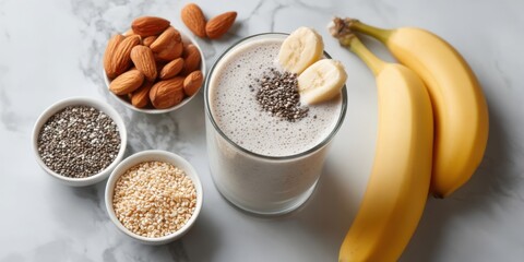 Top view of almond milk smoothie with banana and chia seeds, surrounded by ingredients on modern marble background, trendy wellness drink concept. 