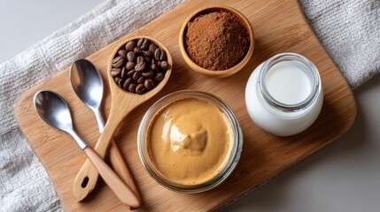 Top view of dalgona coffee with spoon and ingredients: instant coffee, sugar, milk. Flat lay style, cozy kitchen setup. 