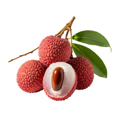 Fresh lychee fruits, whole and partially peeled, glistening white flesh, dark seed, green leaves on a transparent background, soft shadows, copy space, concept of exotic freshness