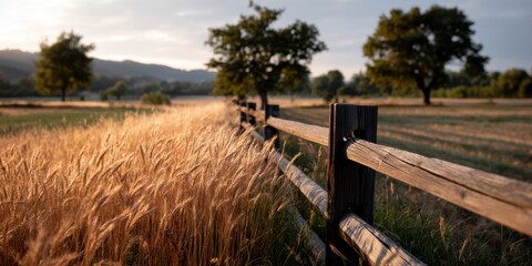 Warm golden hour light touching wheat field near old wooden fence and distant tree line. 