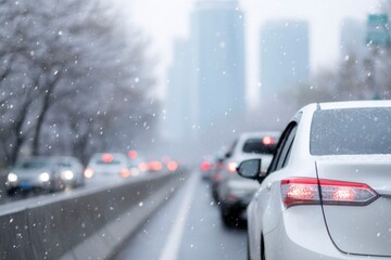 close-up of cars stuck in traffic on an overcast day, snow falling