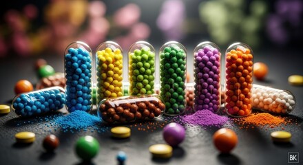 Detailed macro shot of colorful capsules filled with tiny spheres and powder on a dark surface displaying medical diversity.