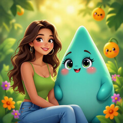 Cute young woman and big blue water drop character in a sunny magic garden: Design for eco-friendly branding, mobile game marketing, and children's educational content.