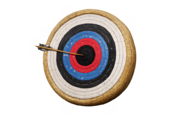 Archery target hit by an arrow in the center, representing accuracy, success, and striving for objectives. Transparent background