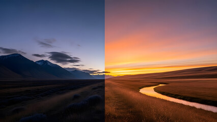 A split screen comparison showing the same landscape during the day and at sunset with a river