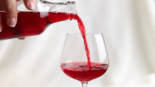 clean cinematic close up shot red juice pouring from transparent bottle into glass human hand steady smooth liquid stream white fabric background with texture soft natural lighting realistic colors sh