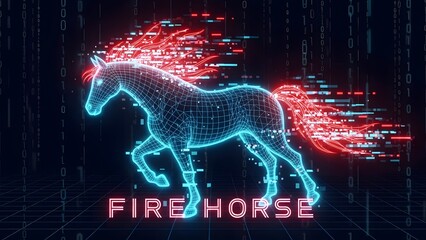 A futuristic digital representation of a fiery horse running through a neon-lit cybernetic landscape viewed from the side
