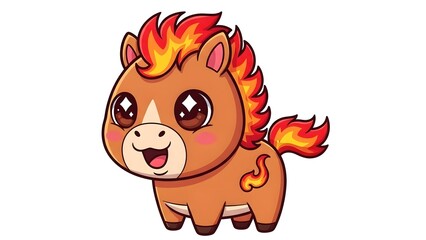 Obraz premium A cartoon pony with flames on its mane and tail stands happily in a simple background