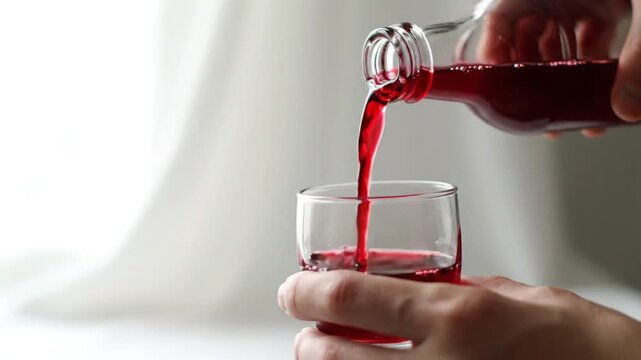 cinematic slow motion close view hand pouring red juice from clear glass bottle into small wide glass smooth liquid behavior rich red color visible white fabric backdrop soft folds three quarter angle