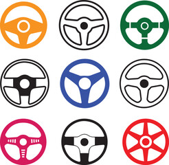 Steering Wheel Icon Set Collection. Colorful Car Control Wheel Vector Symbols.