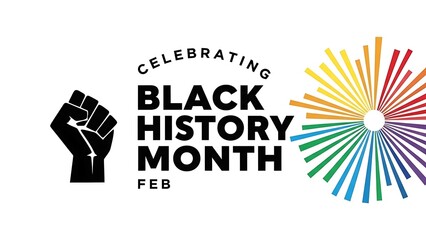 Black History Month celebration logo with raised fist and multicolored rays  symbol of unity and diversity