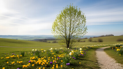 A beautiful spring landscape with a blooming tree and yellow and purple flowers along a gravel path