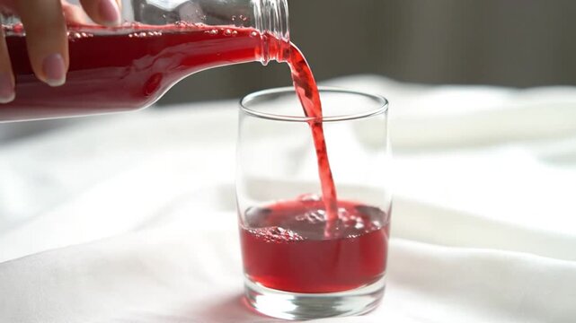 cinematic close up beverage shot red juice pouring into glass from transparent bottle hand visible controlled smooth flow white fabric surface with soft folds natural daylight lighting realistic liqui