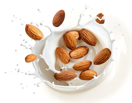 Close-up of almonds splashing into milky liquid, creating a crown - Powered by Adobe