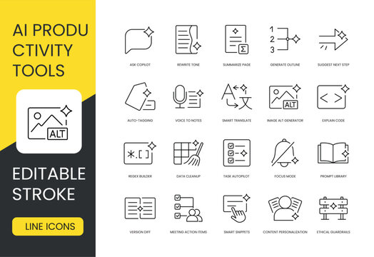 A set of vector icons representing AI productivity tools for writing, automation, translation, and task management, created in line style with editable stroke