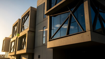 Close up shot of a modern concrete building with large geometric windows and industrial architectural design during sunset