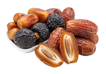 assorted dates with split kernels on white background