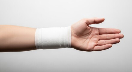 Close-up studio shot features a hand with a white gauze bandage wrapped around the wrist, isolated against a plain white background in a horizontal flat lay composition.