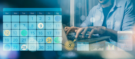 Strategic Business Planning and Time Management Concept, Person Using Laptop with Digital Calendar and Goal, This visual represents effective time management, project scheduling, productivity tracking
