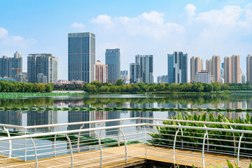 Yangtze River and skyscrapers, Wuhan, China.