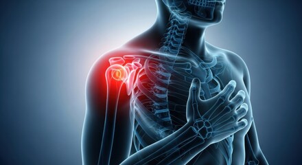 Medical visualization with highlighted red area showing shoulder pain in human skeleton against blue background for educational or medical purposes.