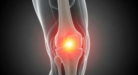 Anatomical view of a knee joint against a dark gradient background, highlighting the structure and inflammation, with a bright, glowing effect to emphasize the area of concern.