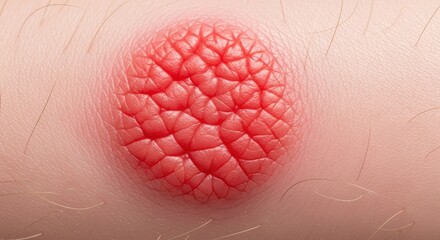 Close up of a red circular skin rash with a textured surface. Demonstrates dermatological skin condition, health issue, medical, and dermatology relating to rash.