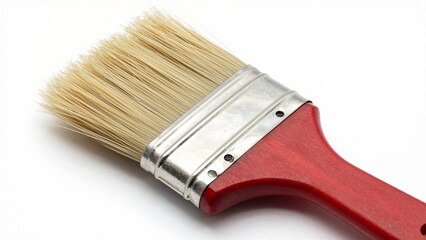 Close-up of a vibrant red-handled paint brush with natural bristles, ready for artistic or DIY projects on a clean white background