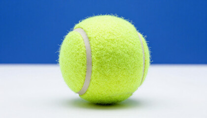 Vibrant tennis ball prominently displayed on a clean white surface against a striking blue background