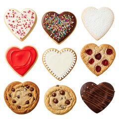 Eight artfully decorated heart-shaped cookies (sugar, chocolate, berry, dark) on a transparent background, flat lay, soft studio lighting, concept of love and celebration through food