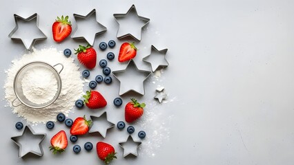 Strawberries blueberries and star shaped cookie cutters with flour on gray surface