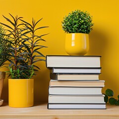Bright Yellow Books and Potted Plants on Shelf