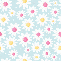Daisy flower, seamless pattern repeat of white daisies with yellow and pink centers arranged across a light blue background, Spring season Hand drawn illustration for fabric