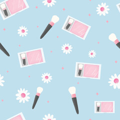 makeup items and flowers with blue background design, seamless pattern fashion fabric, perfect for various creative projects background