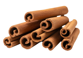 Dry premium cinnamon sticks, warm brown, intricate layered texture, some hollow, broken, artfully arranged on transparent studio background with soft diffused lighting, macro lens. Concept of