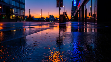 Wet asphalt reflecting the vibrant blue and orange lights of a city street after a rain shower at dusk