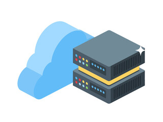 Modern 3D isometric illustration of a server stack with a blue cloud, representing cloud computing, web hosting services, and secure digital data storage