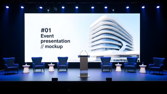 Modern event presentation mockup on a stage with blue armchairs and a large screen display