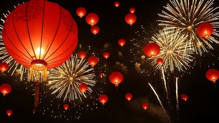 Chinese new year celebration with red lanterns and fireworks at night