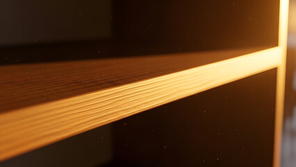 A macro shot of a smooth wooden shelf illuminated by a warm golden light with dust particles floating in the air