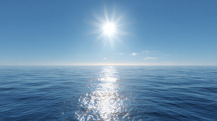 A radiant sunny day over the tranquil ocean, with the sun's reflection glistening on the water's surface