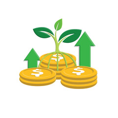 investment icon. stack of dollar coins with a plant on top and an up arrow. economy, business, accounting. isometric design style