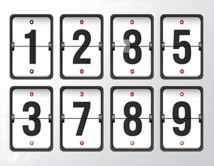 Digit flipboards displaying numbers. Eight white panels with black numbers