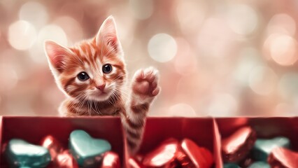 Charming orange tabby kitten nestled curiously inside an open Valentine's chocolate gift box with a paw playfully raised, enveloped in a warm glowing bokeh background