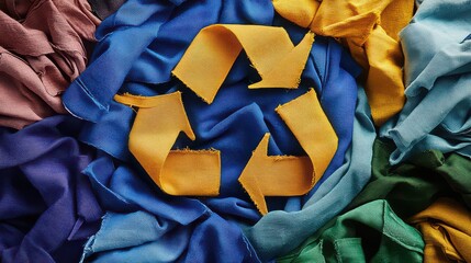  Sustainable Textile Recycling Concept with Recycle Symbol on Pile of Used Clothing