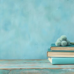 Stack of Books with Dried Flower on Blue Background