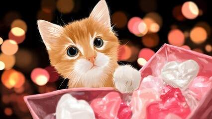 Charming orange tabby kitten nestled curiously inside an open Valentine's chocolate gift box with a paw playfully raised, enveloped in a warm glowing bokeh background