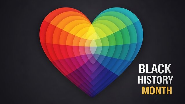 Rainbow heart design with Black History Month text on dark background - Powered by Adobe