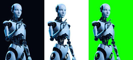 Cyborg Robot Isolated on Green Chroma key, White and Black Background